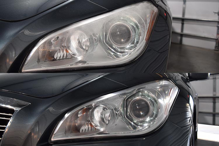 Before and after headlight restoration on dark sedan